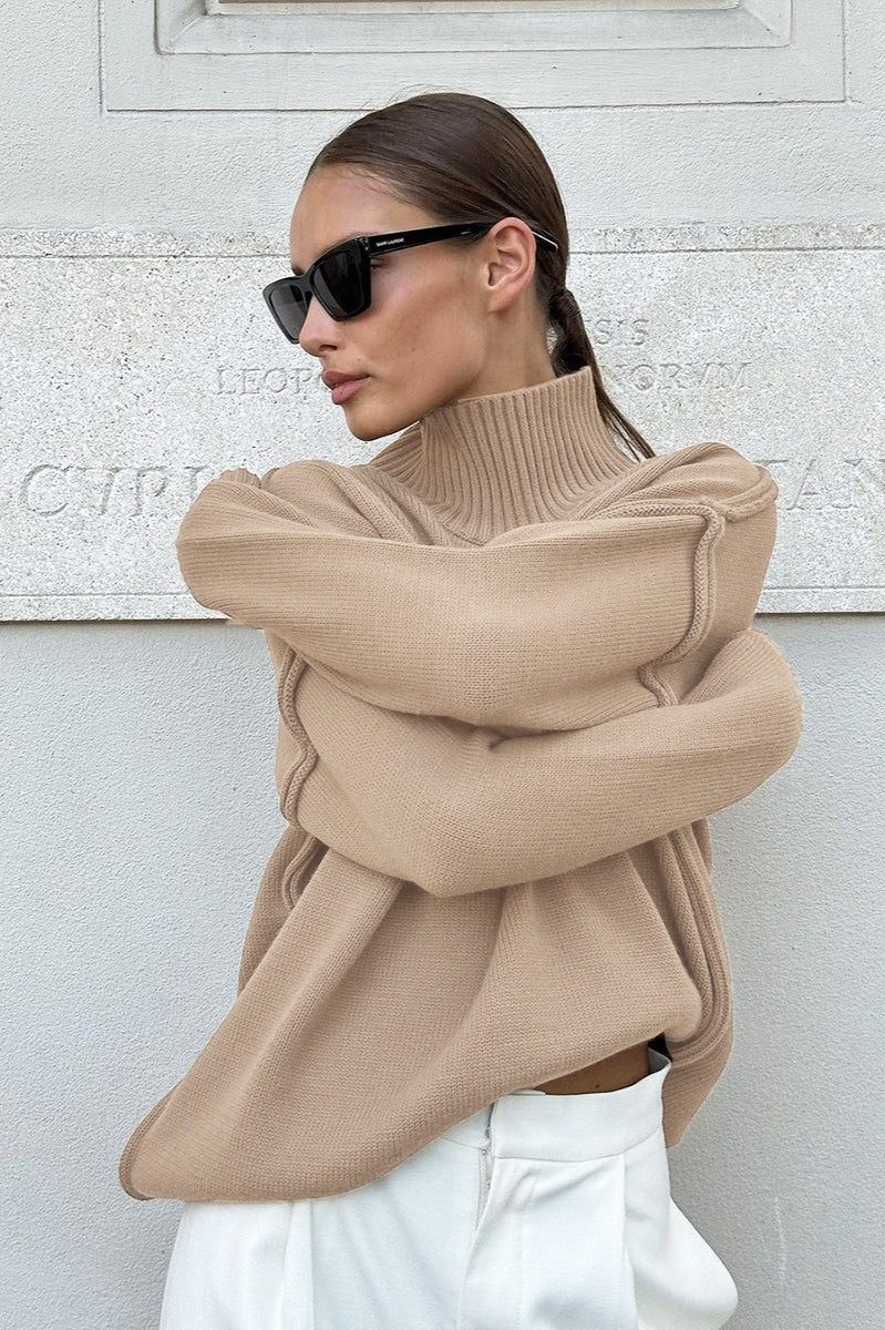 High Neck Patchwork Knit Sweater - Image 5