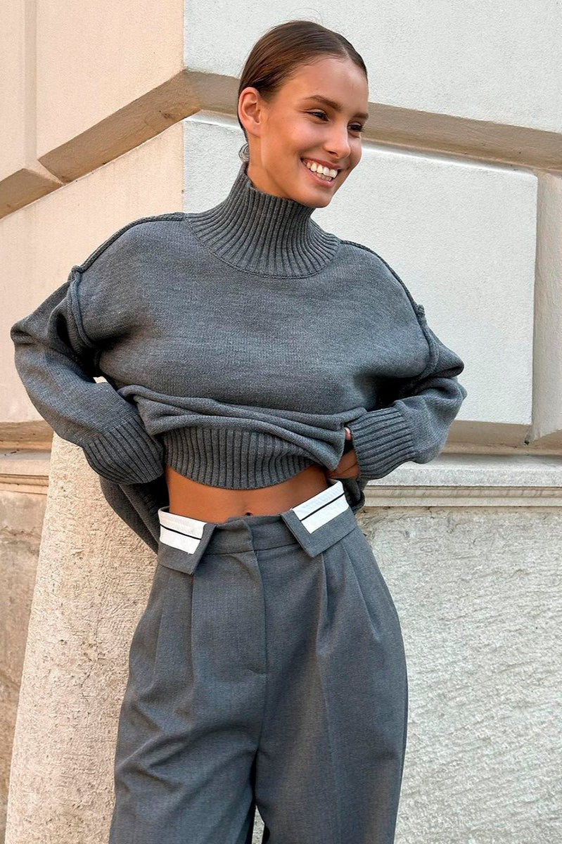 High Neck Patchwork Knit Sweater - Image 7