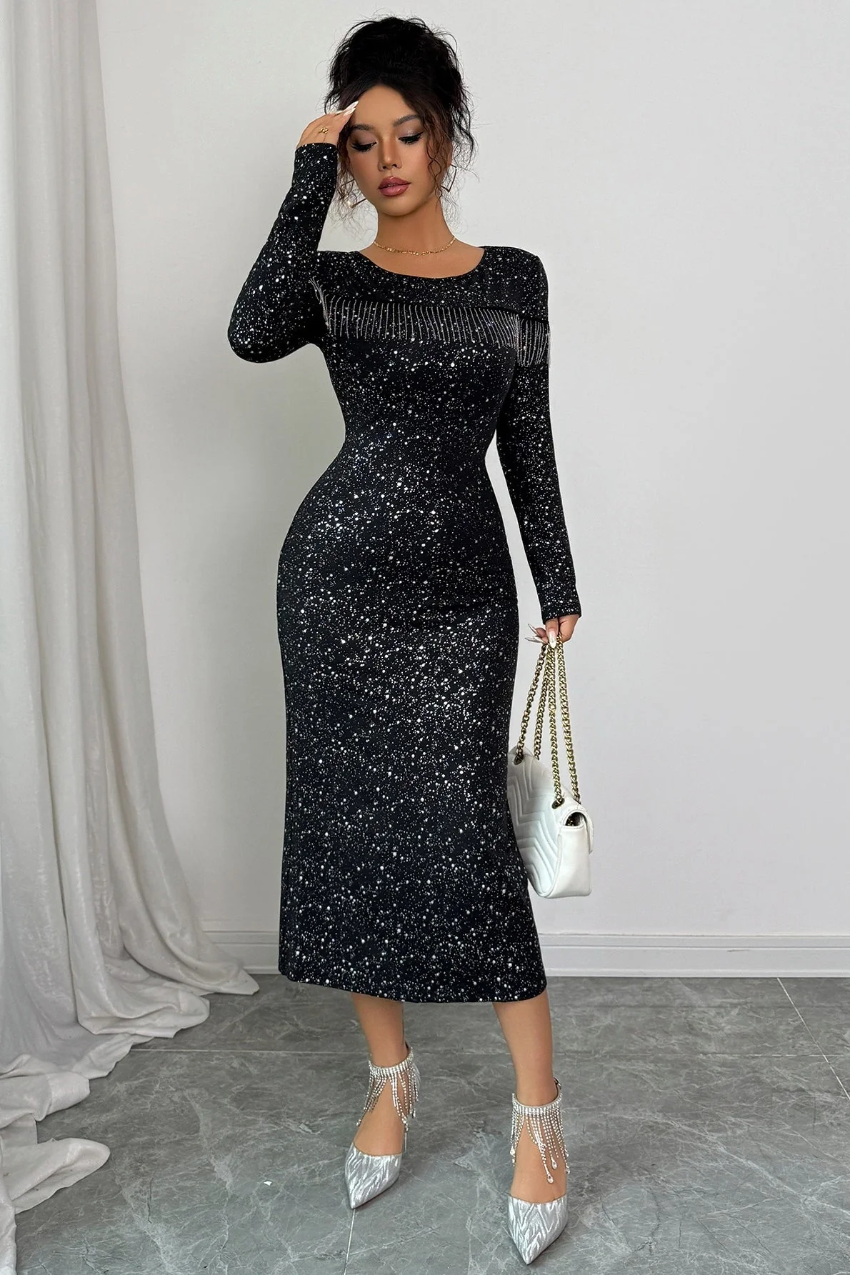 Elegant Long Sleeve Bodycon Midi Dress - Image 2