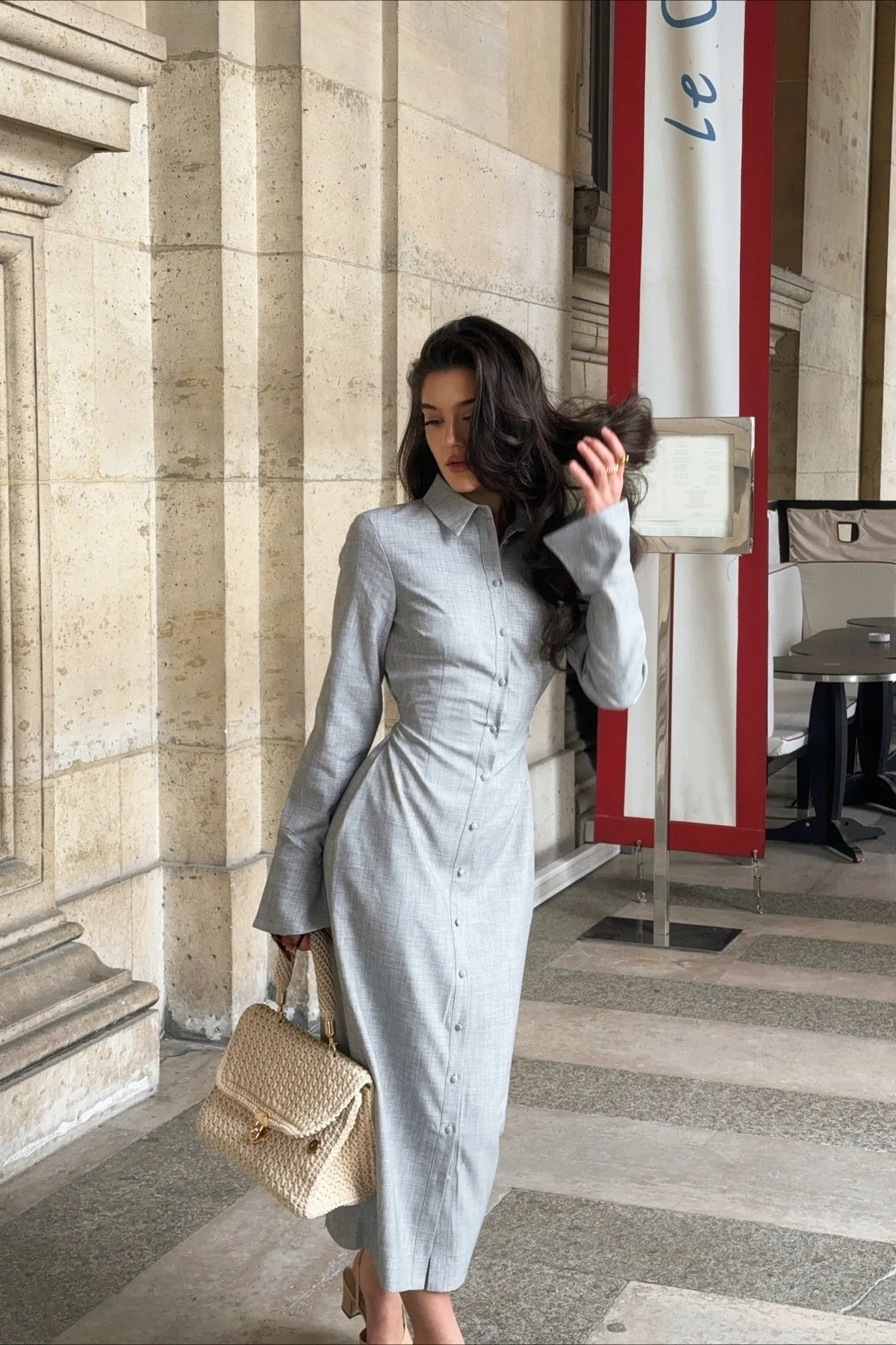 Elegant Long Sleeve Collared Midi Dress - Image 2