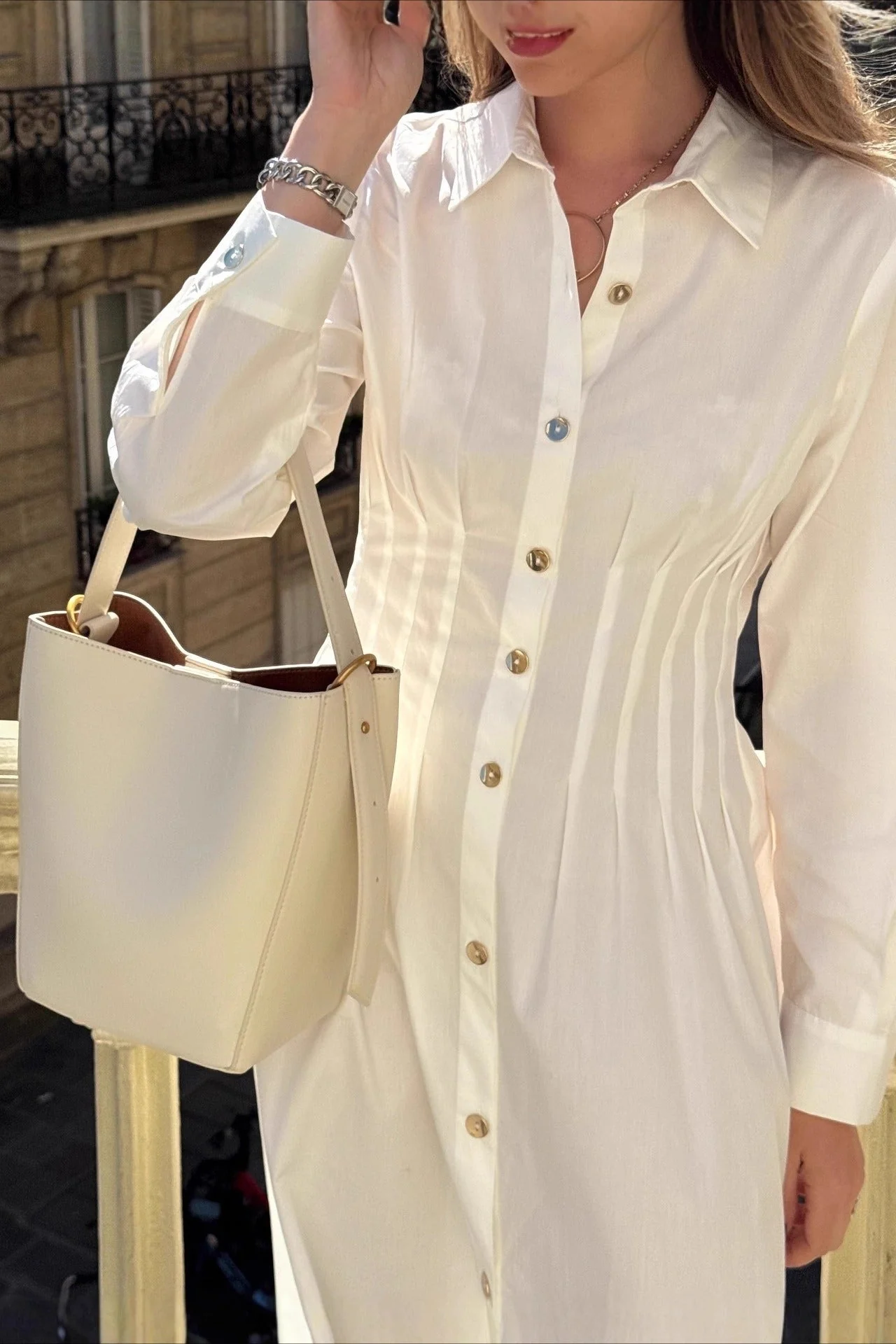 Metal Button Collared Long Sleeve Midi Dress - Image 4