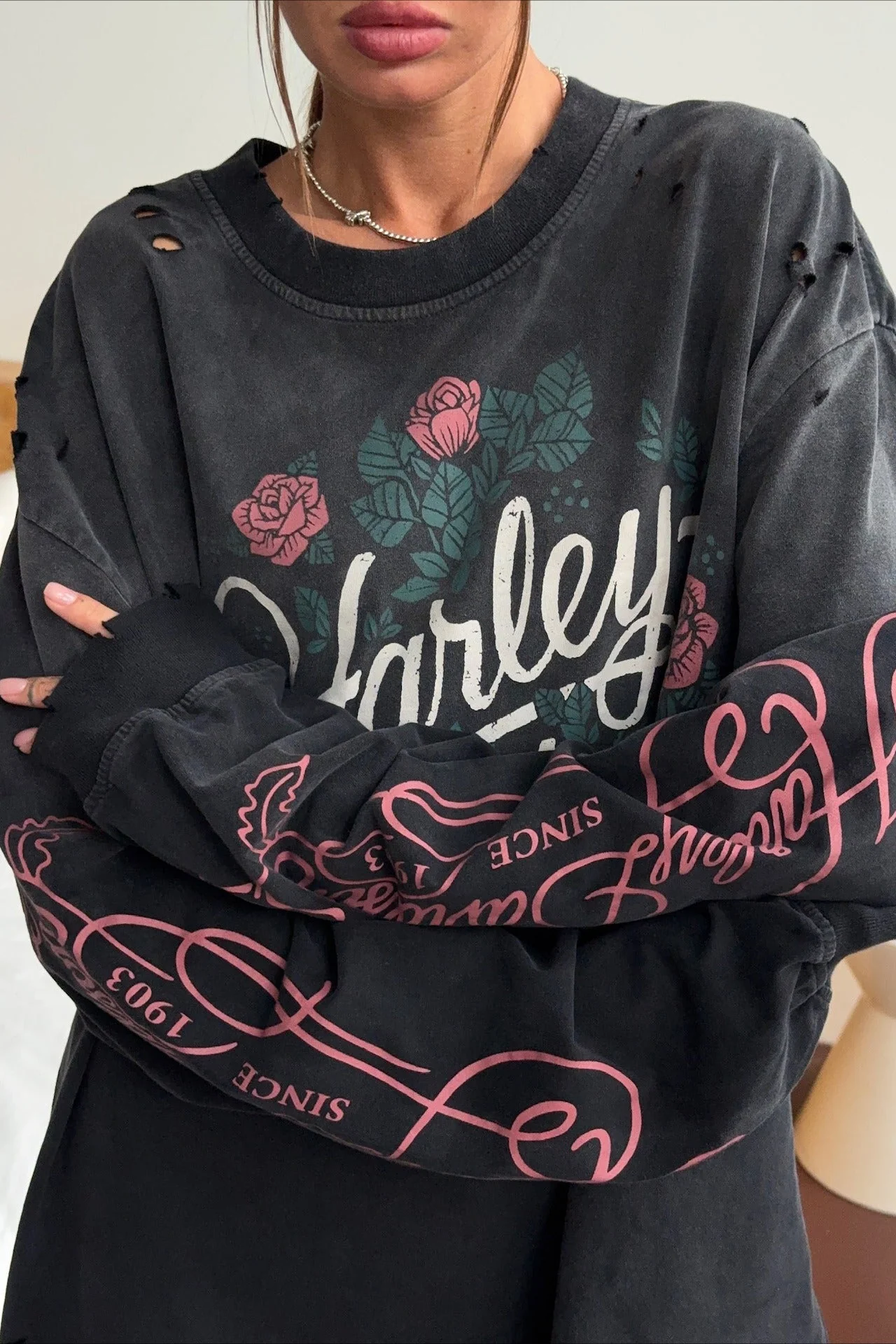 Vintage Distressed Rose Print Sweatshirt - Image 2