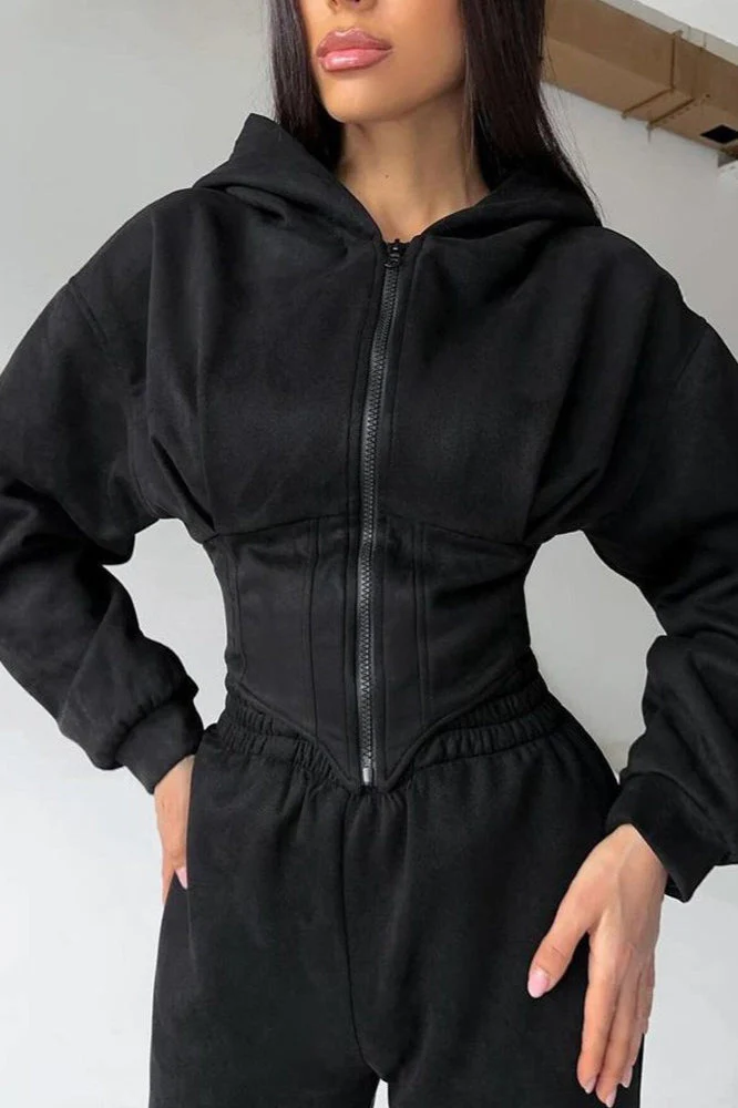 Hooded Drawstring Two Piece Pants Set - Image 2