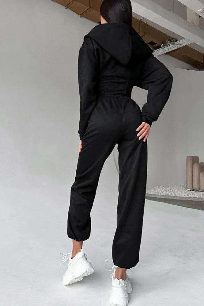 Hooded Drawstring Two Piece Pants Set - Image 3