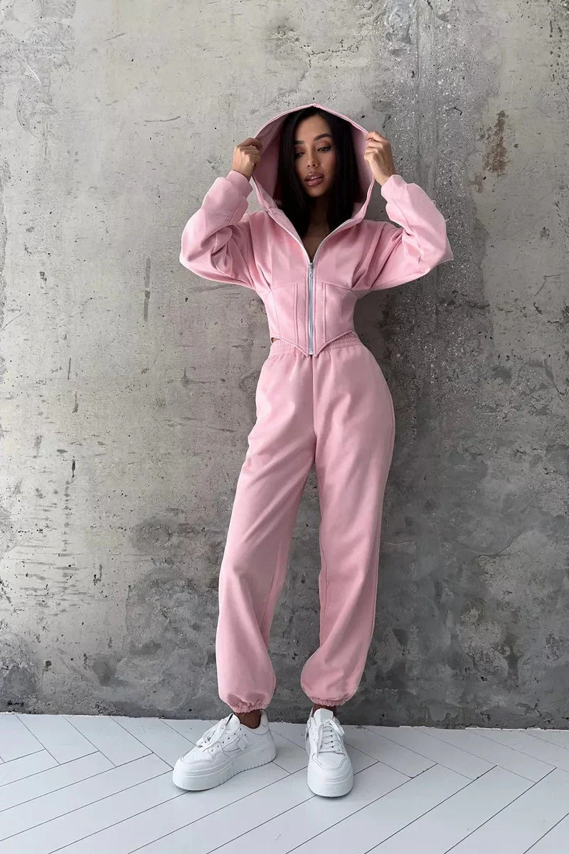Hooded Drawstring Two Piece Pants Set - Image 9