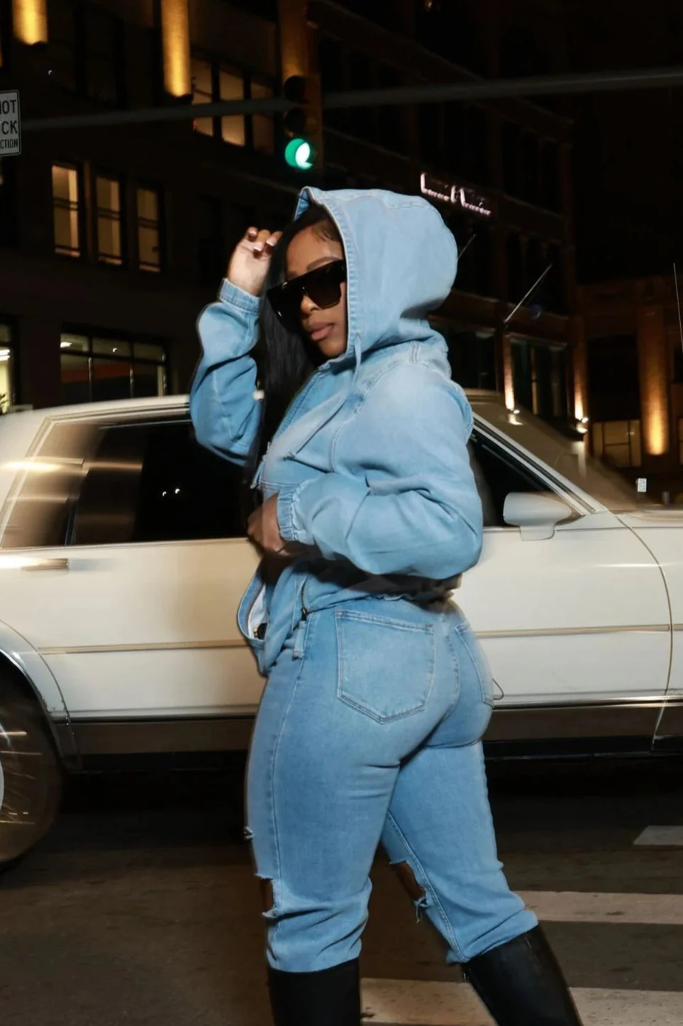Street Style Washed Denim Hoodie - Image 3