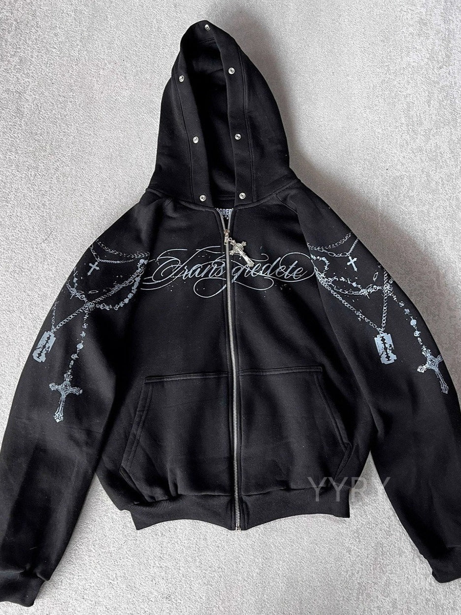 Printed Zipper Detachable Fur Hoodie - Image 3