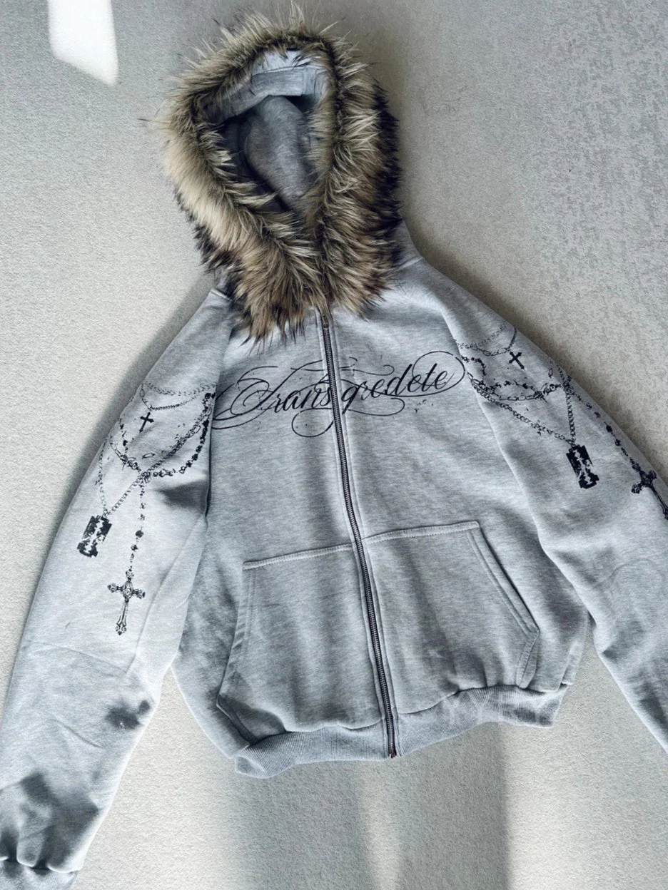 Printed Zipper Detachable Fur Hoodie - Image 4