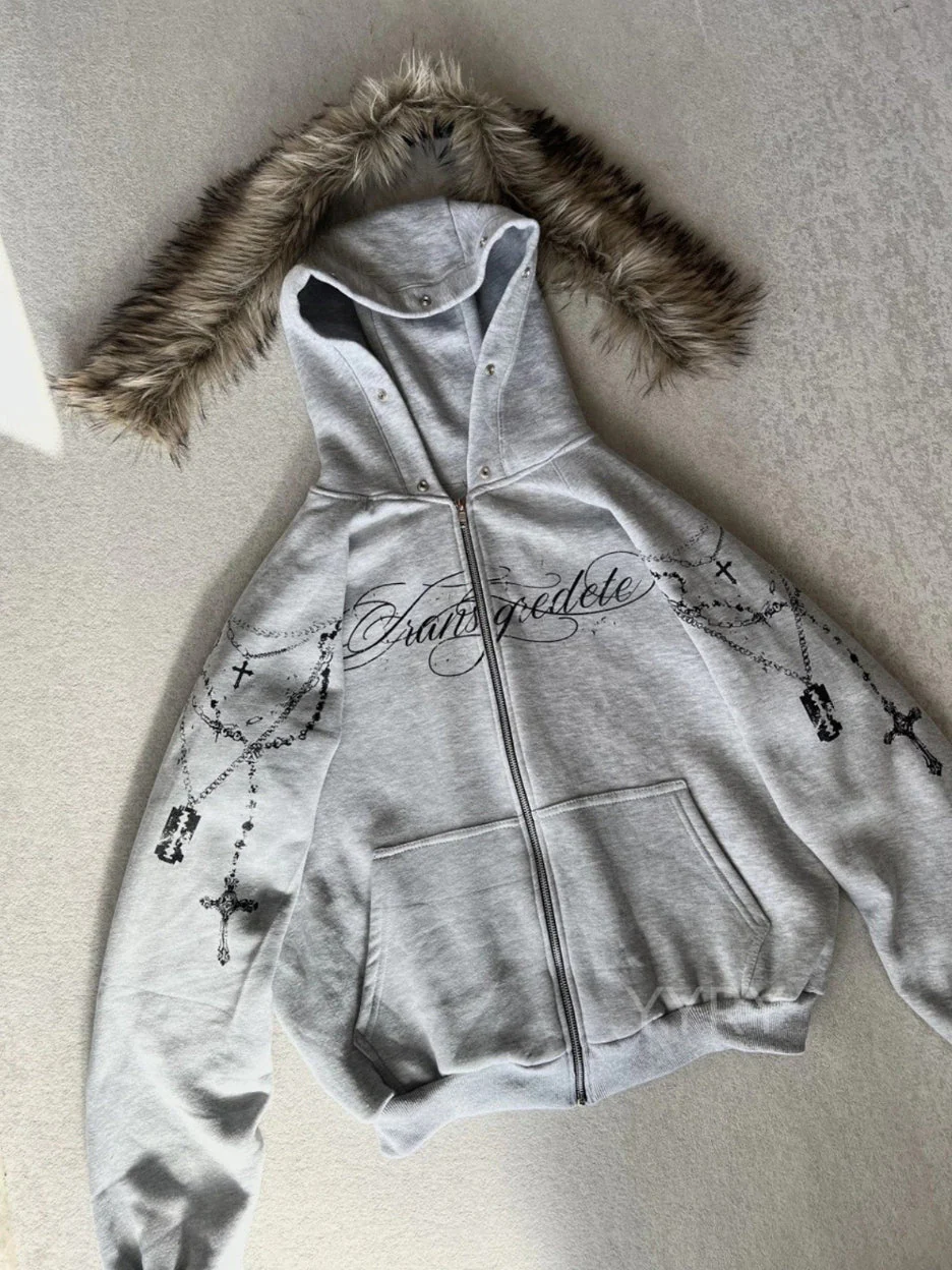 Printed Zipper Detachable Fur Hoodie - Image 5