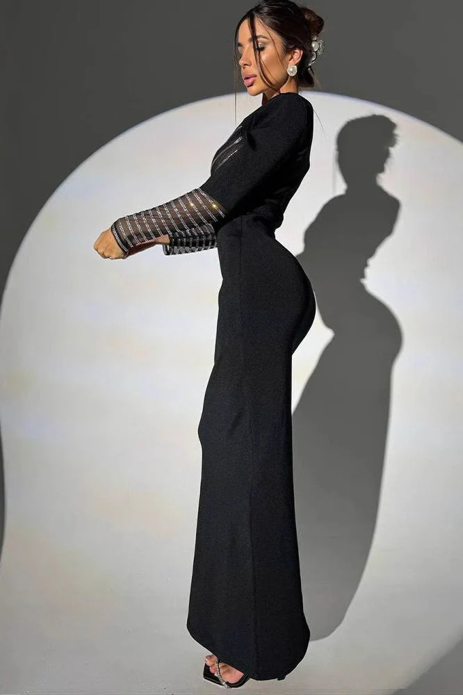 Rhinestone Mesh Bodycon Maxi Dress - Image 3