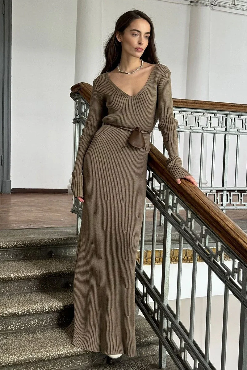 Knit Bodycon V Neck Maxi Dress - Image 4