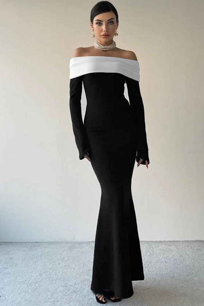 Colorblock Off Shoulder Bodycon Maxi Dress - Image 2