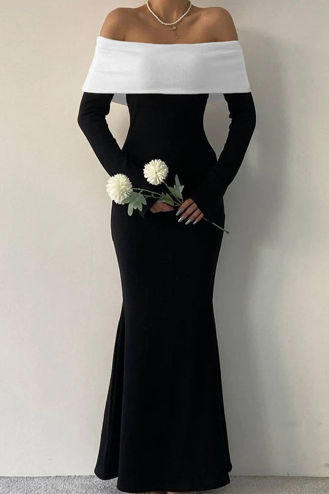 Colorblock Off Shoulder Bodycon Maxi Dress - Image 3