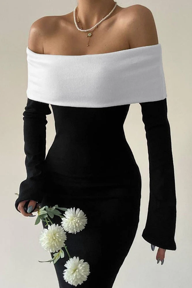 Colorblock Off Shoulder Bodycon Maxi Dress - Image 4