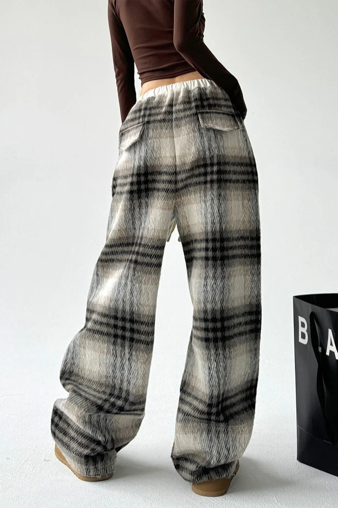Loose Fit Woolen Plaid Wide Leg Pants - Image 2