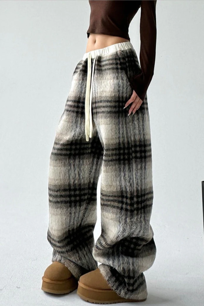 Loose Fit Woolen Plaid Wide Leg Pants - Image 3