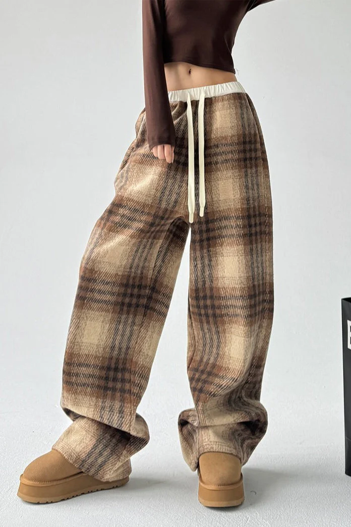 Loose Fit Woolen Plaid Wide Leg Pants - Image 4