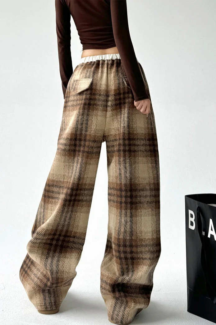 Loose Fit Woolen Plaid Wide Leg Pants - Image 5