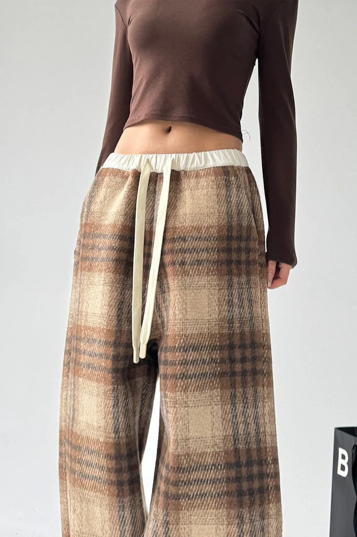 Loose Fit Woolen Plaid Wide Leg Pants - Image 6