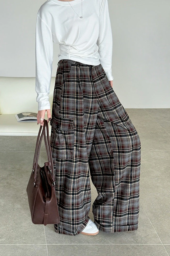 Retro Colorblock Plaid Casual Straight Pants - Image 2