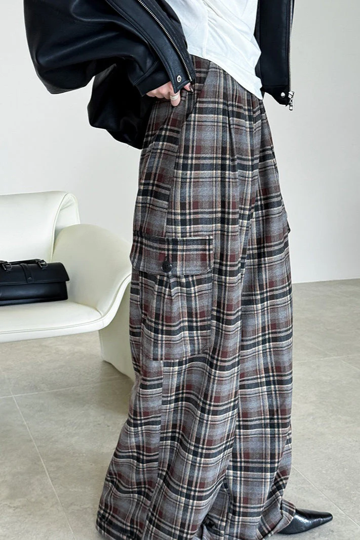 Retro Colorblock Plaid Casual Straight Pants - Image 3
