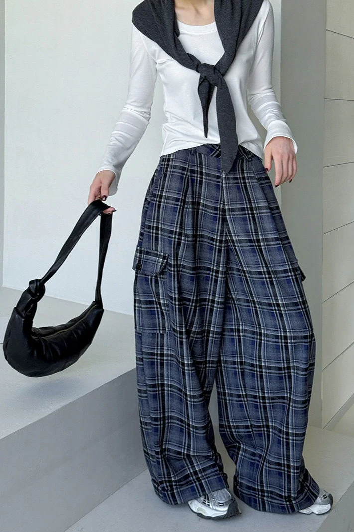 Retro Colorblock Plaid Casual Straight Pants - Image 4