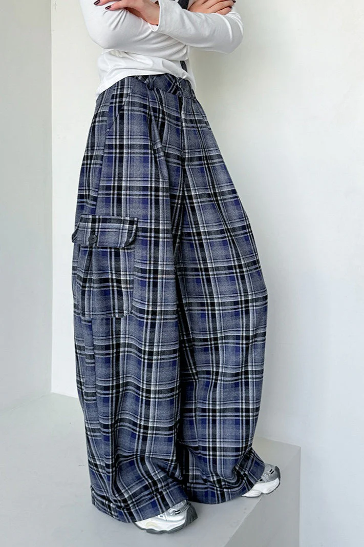 Retro Colorblock Plaid Casual Straight Pants - Image 5