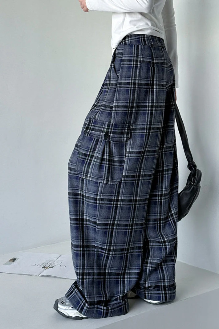Retro Colorblock Plaid Casual Straight Pants - Image 6