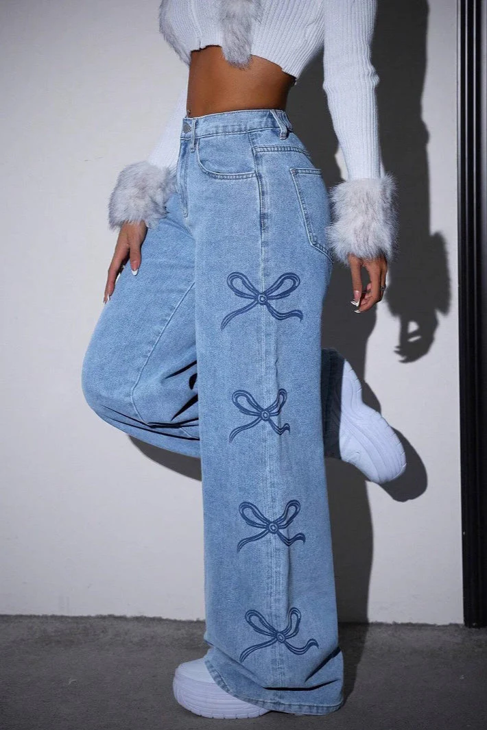 High Waist Washed Bow Tie Jeans - Image 3