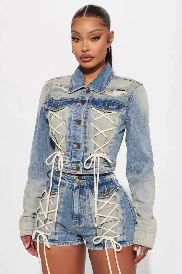 Trendy Jacket Two Piece Shorts Set - Image 3