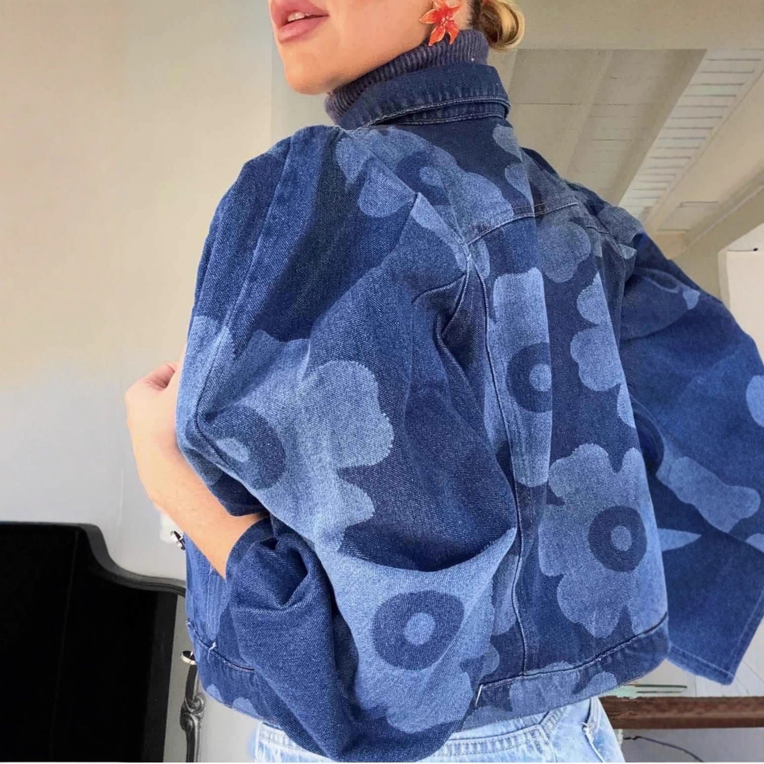 Short Collar Floral Denim Jacket - Image 3