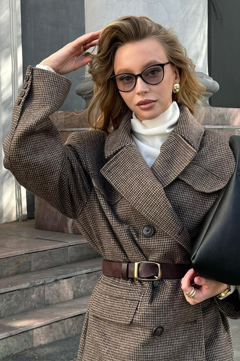 Houndstooth Wool Blend Long Coat - Image 5