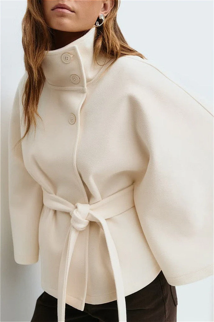 Button Up Stand Collar Cape Coat - Image 3