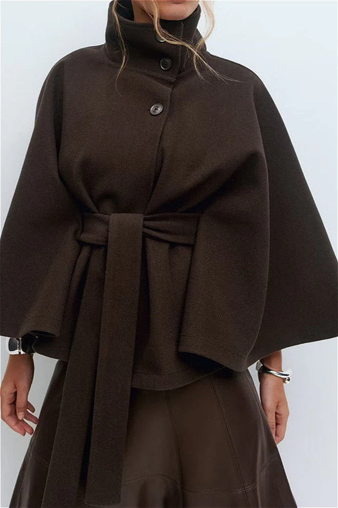 Button Up Stand Collar Cape Coat - Image 4