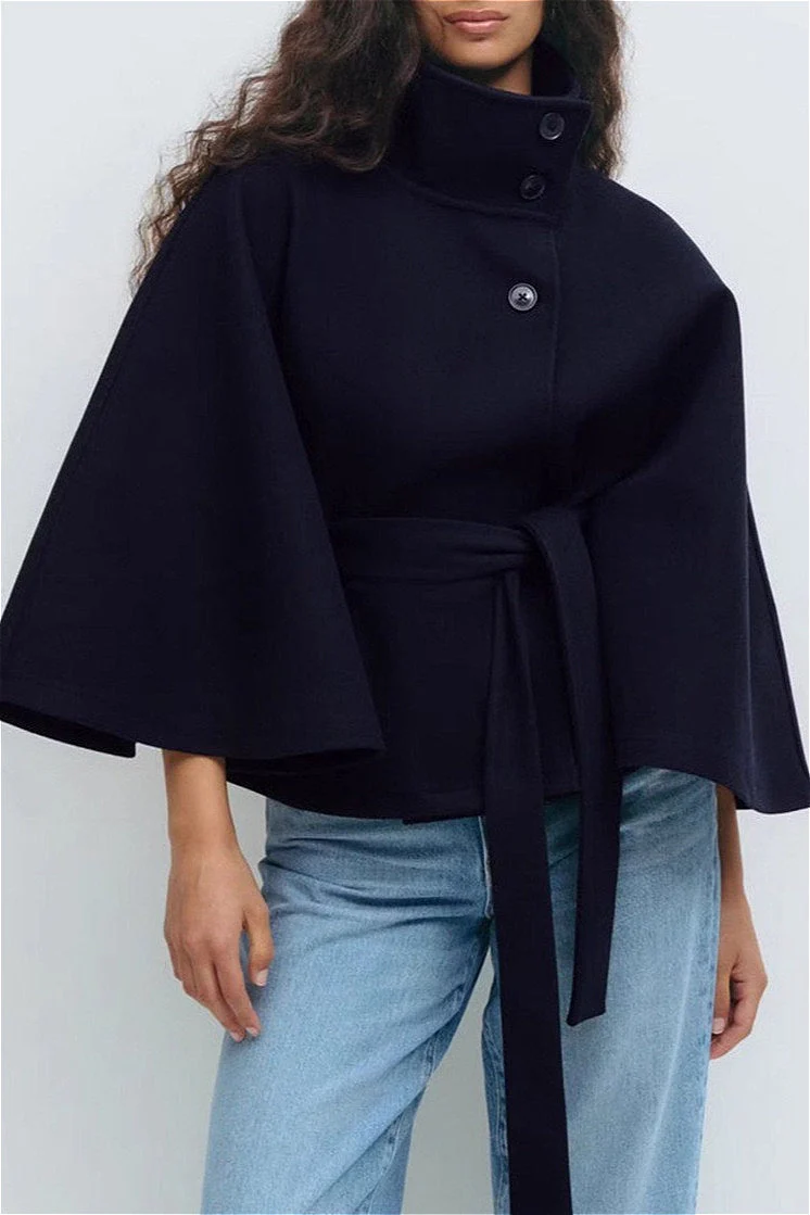 Button Up Stand Collar Cape Coat - Image 5