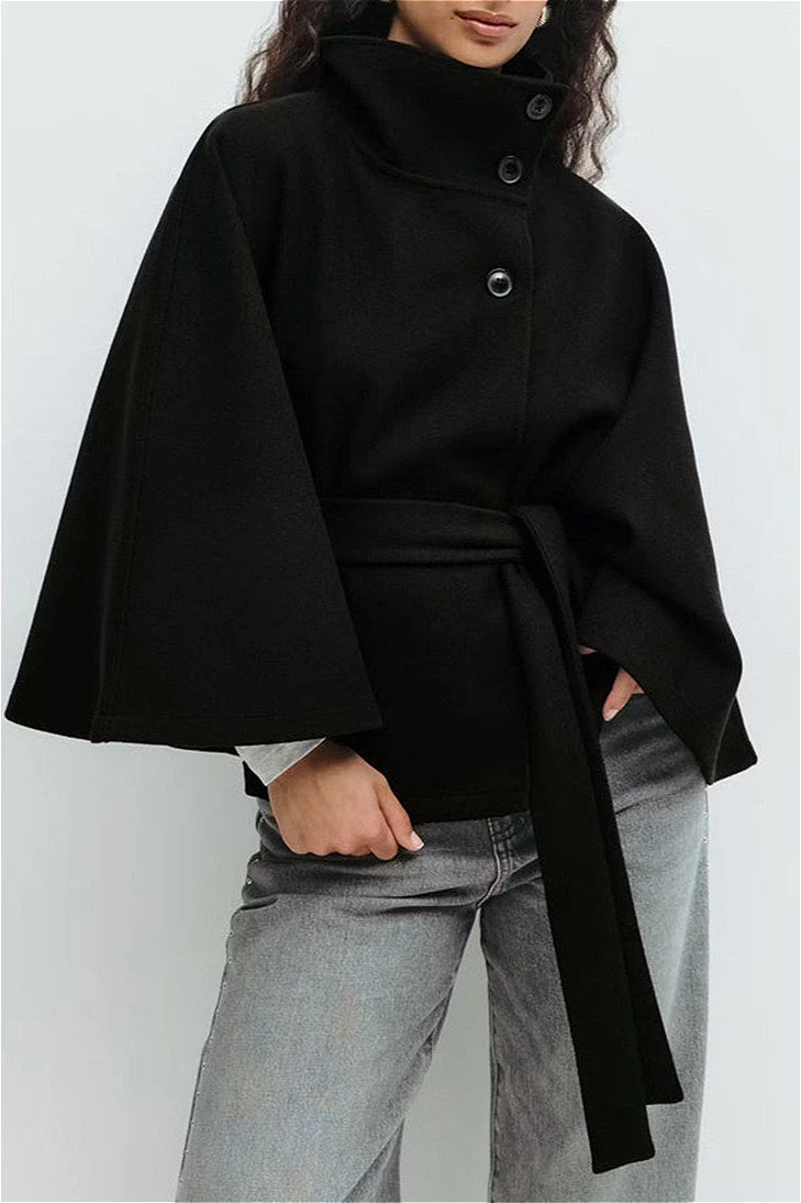 Button Up Stand Collar Cape Coat - Image 6