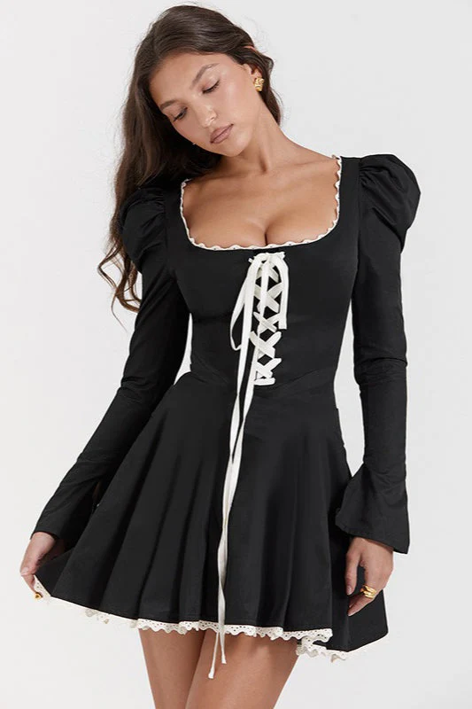 Black and White Ruffle Neckline Tie Waist Mini Dress - Image 2