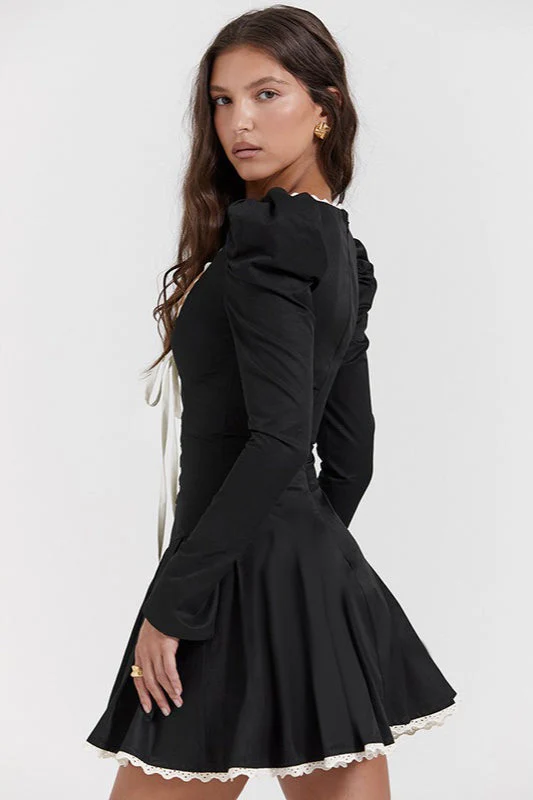 Black and White Ruffle Neckline Tie Waist Mini Dress - Image 4