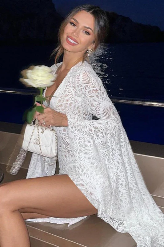 Deep V-Neck Lace Bell Sleeve Bodycon Mini Dress - Image 3