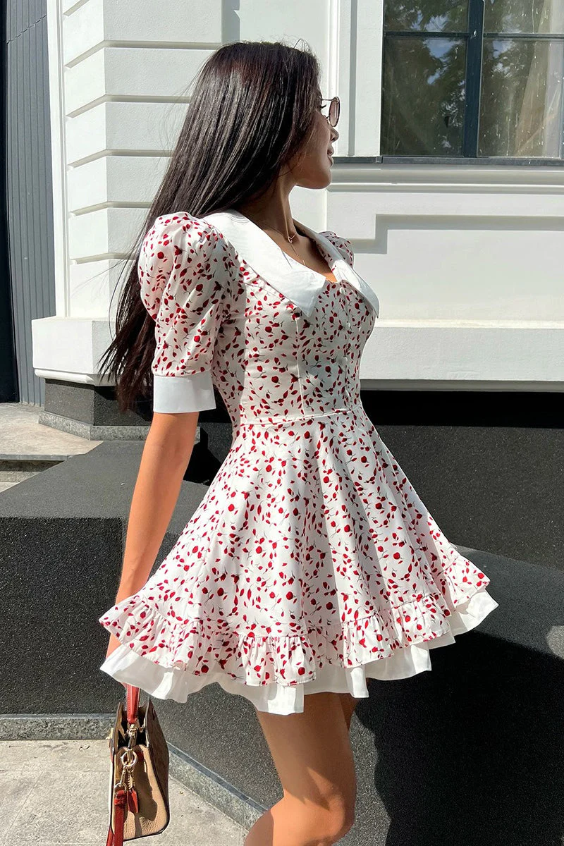 V-Neck Floral Puff Sleeve Babydoll Mini Dress - Image 2