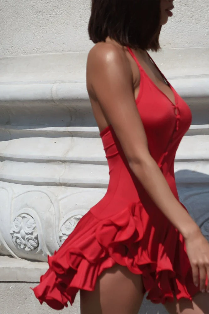 Halter Ruffle Button-Down Bodycon Mini Dress - Image 6