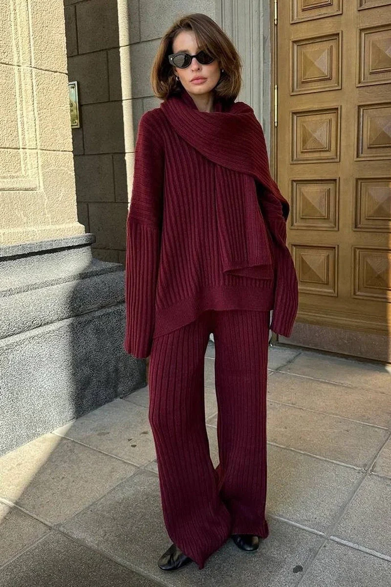 Relaxed Fit V Neck Ribbed Sweater with Pants Two Piece Pants Set - Image 5