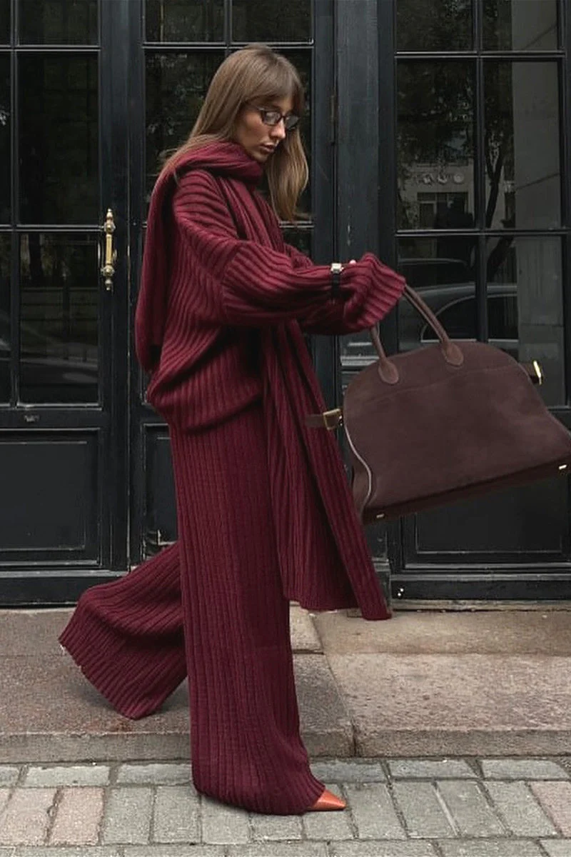 Relaxed Fit V Neck Ribbed Sweater with Pants Two Piece Pants Set - Image 6