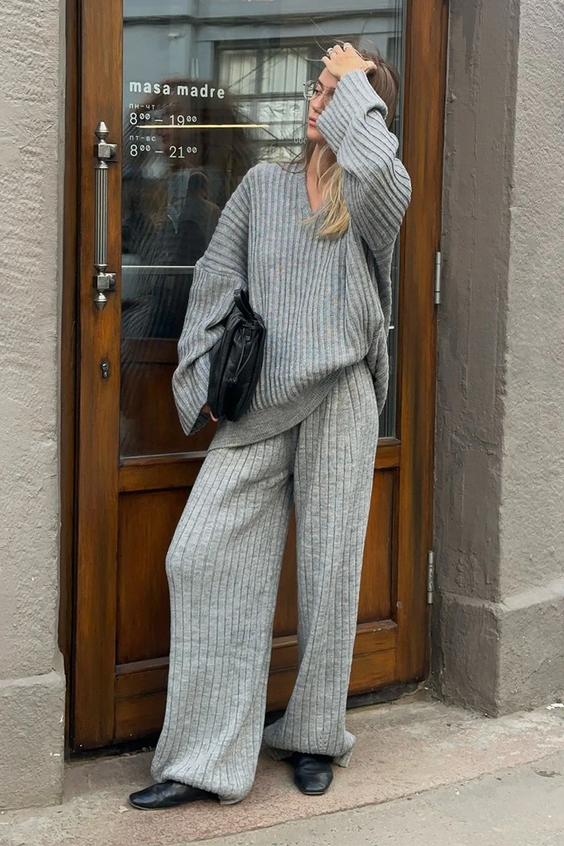 Relaxed Fit V Neck Ribbed Sweater with Pants Two Piece Pants Set - Image 8