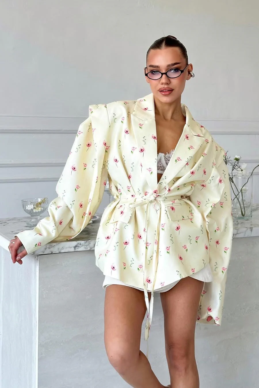 Long Sleeve Printed Waist Tie Blazer - Image 2