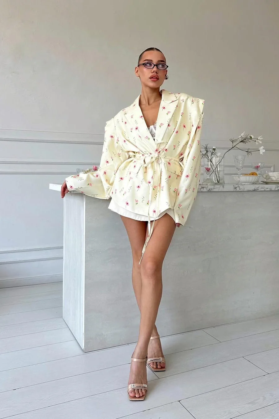 Long Sleeve Printed Waist Tie Blazer - Image 3