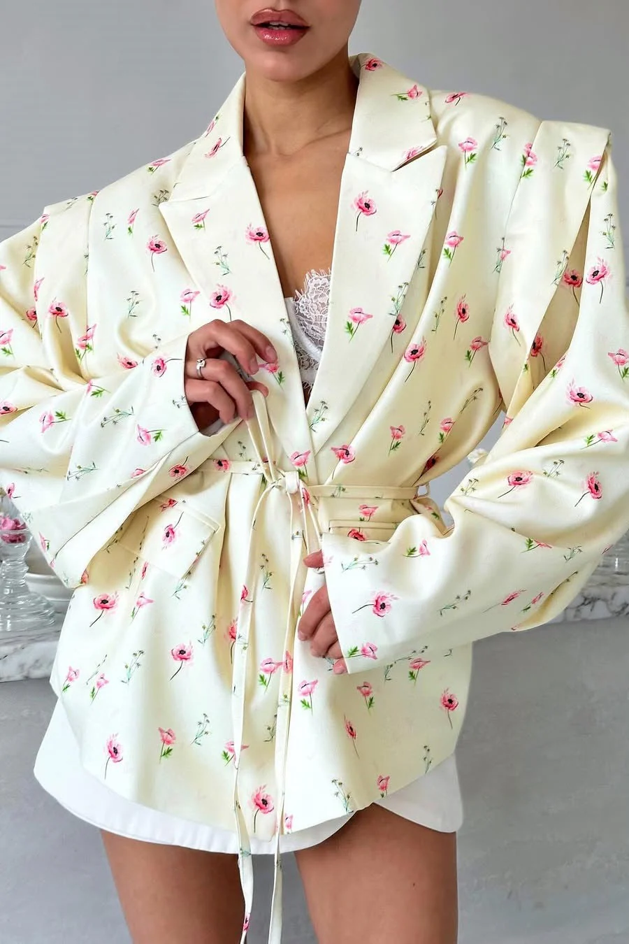 Long Sleeve Printed Waist Tie Blazer - Image 4