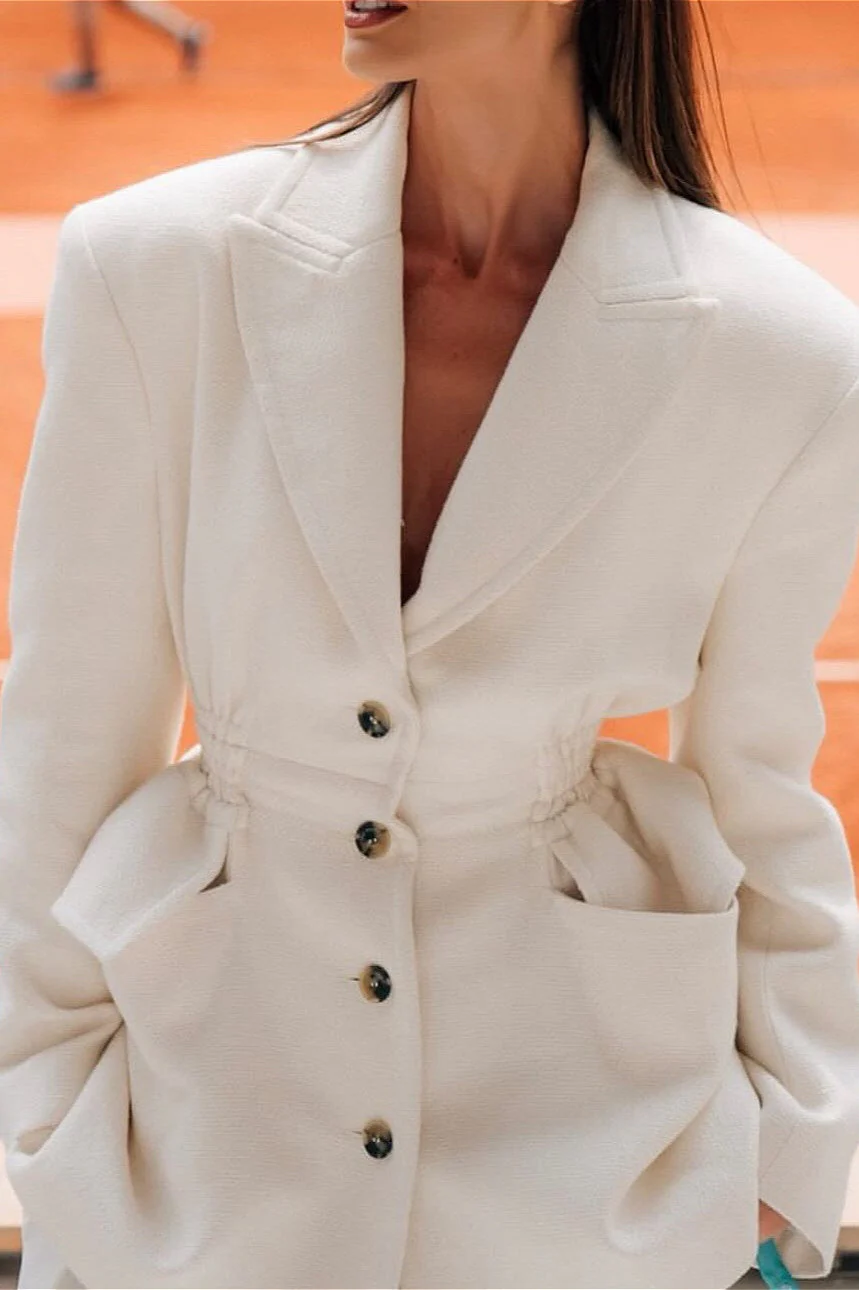 White V Neck Waist Cinched Blazer - Image 2