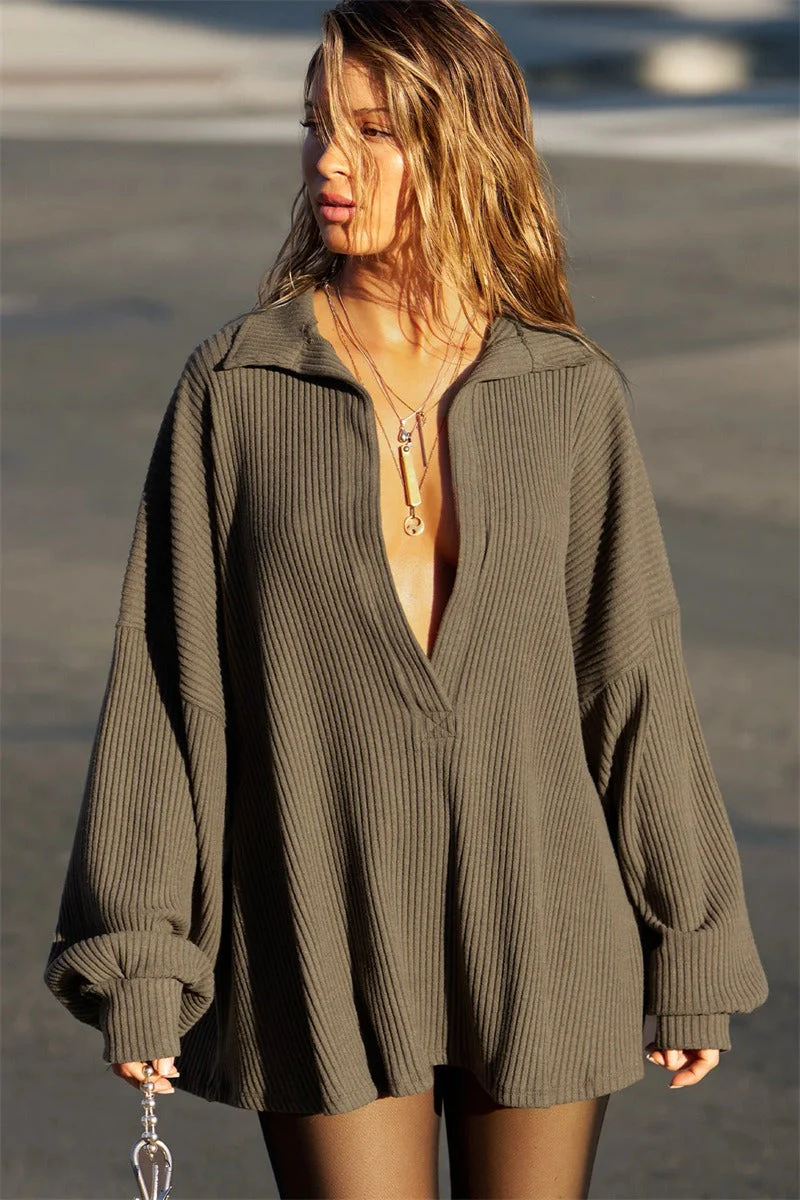 Sexy V Neck Knit Collar Blouse - Image 2