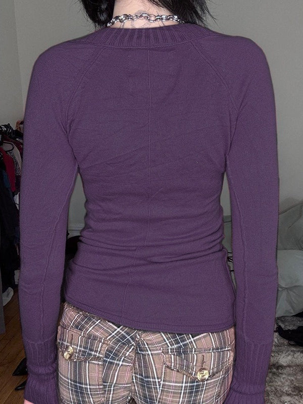 Ribbed Deep V Neck Knit Blouse - Image 4
